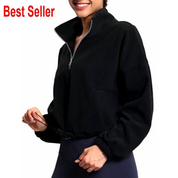 Half Zip Crop Pullover Sweatshirt Fleece Loose Fit Workout Top with Pockets - Picture 3 of 7